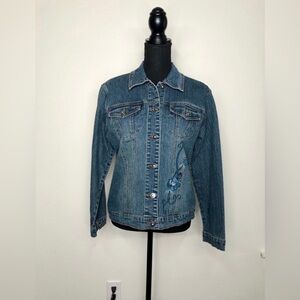 Adolfo Medium Wash Lightweight Denim Jean Jacket with Floral Embroidery